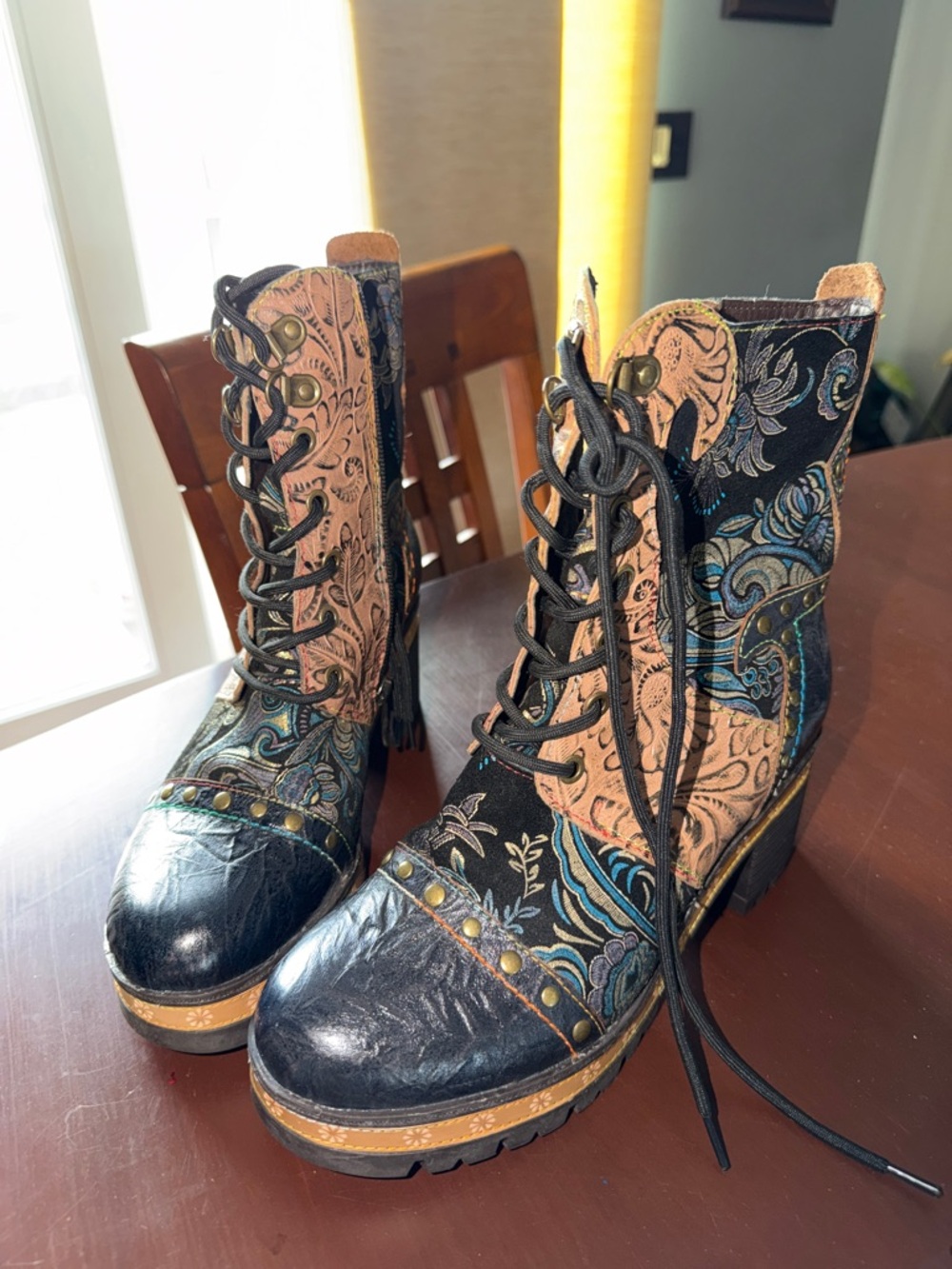 Spring Step Multi-Color Lace-Up Floral Embossed Leather Boots - Picture 3 of 15